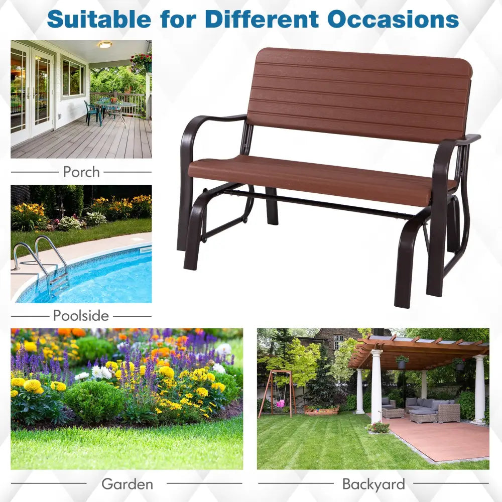 2-Seat Porch Glider with HDPE Back Seat and Steel Frame-Brown - Brown - Patio Rocking Chairs & Gliders