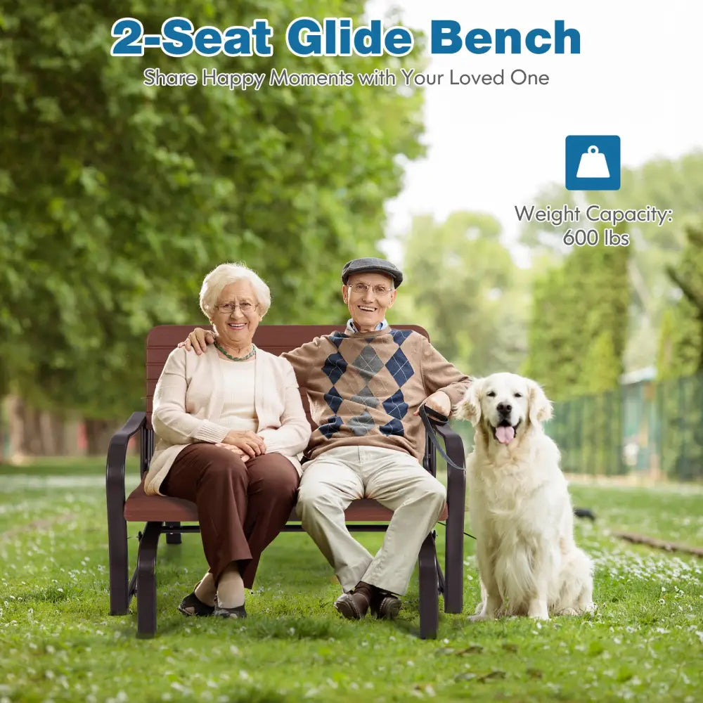 2-Seat Porch Glider with HDPE Back Seat and Steel Frame-Brown - Brown - Patio Rocking Chairs & Gliders