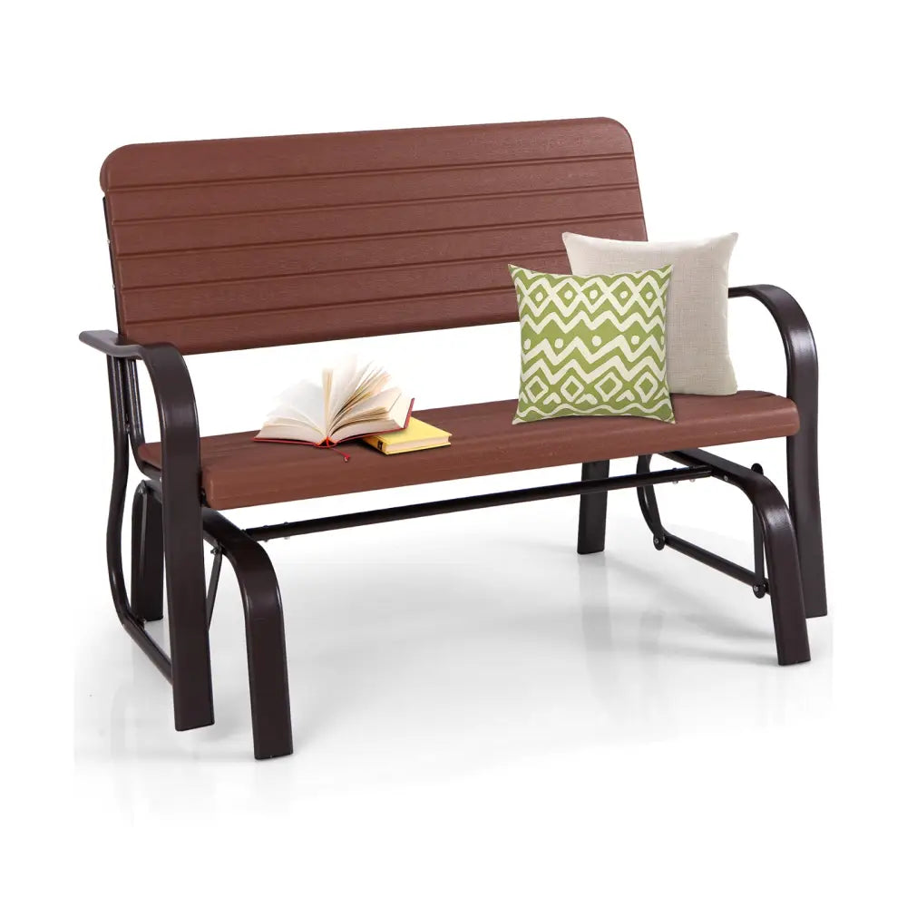 2-Seat Porch Glider with HDPE Back Seat and Steel Frame-Brown - Brown - Patio Rocking Chairs & Gliders
