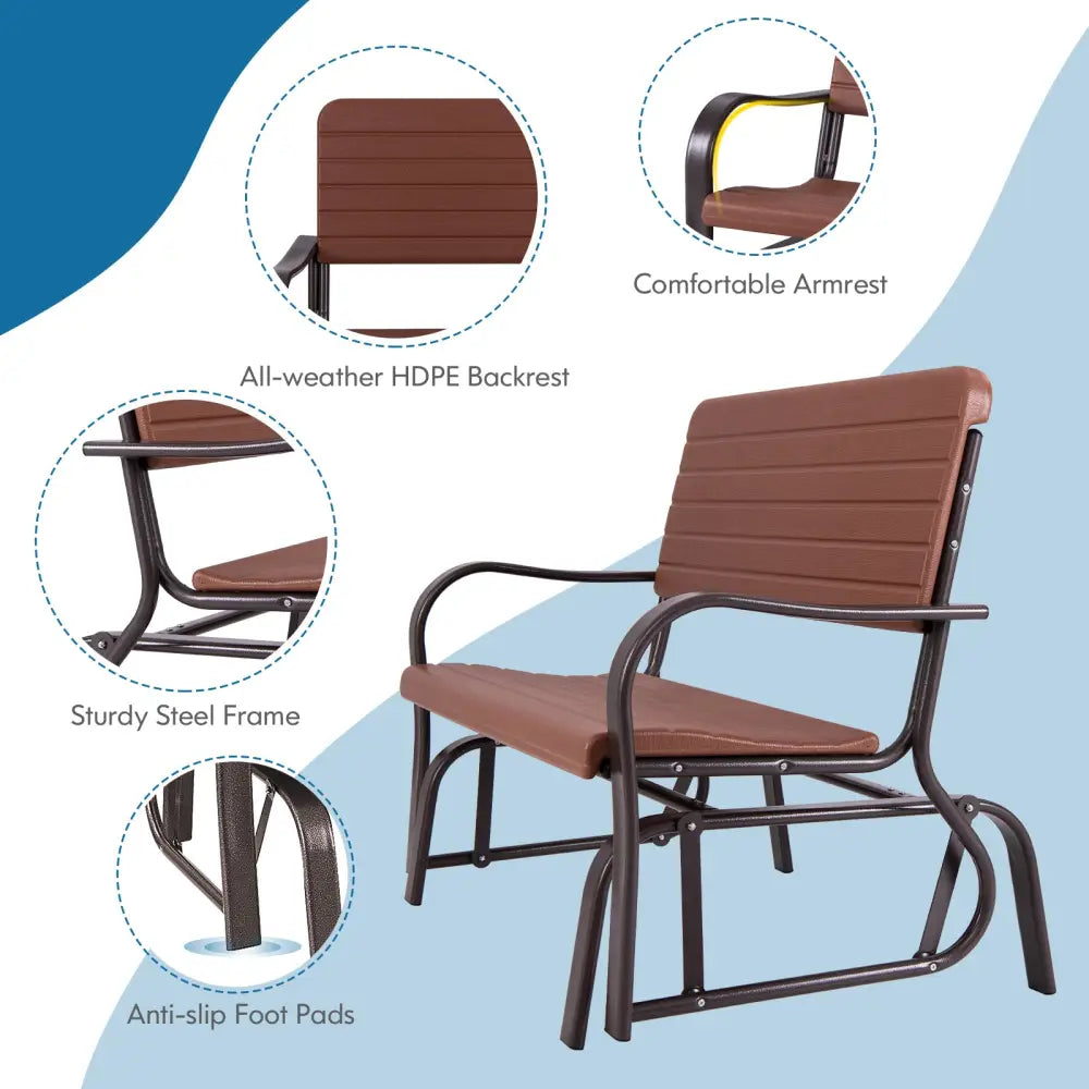 2-Seat Porch Glider with HDPE Back Seat and Steel Frame-Brown - Brown - Patio Rocking Chairs & Gliders
