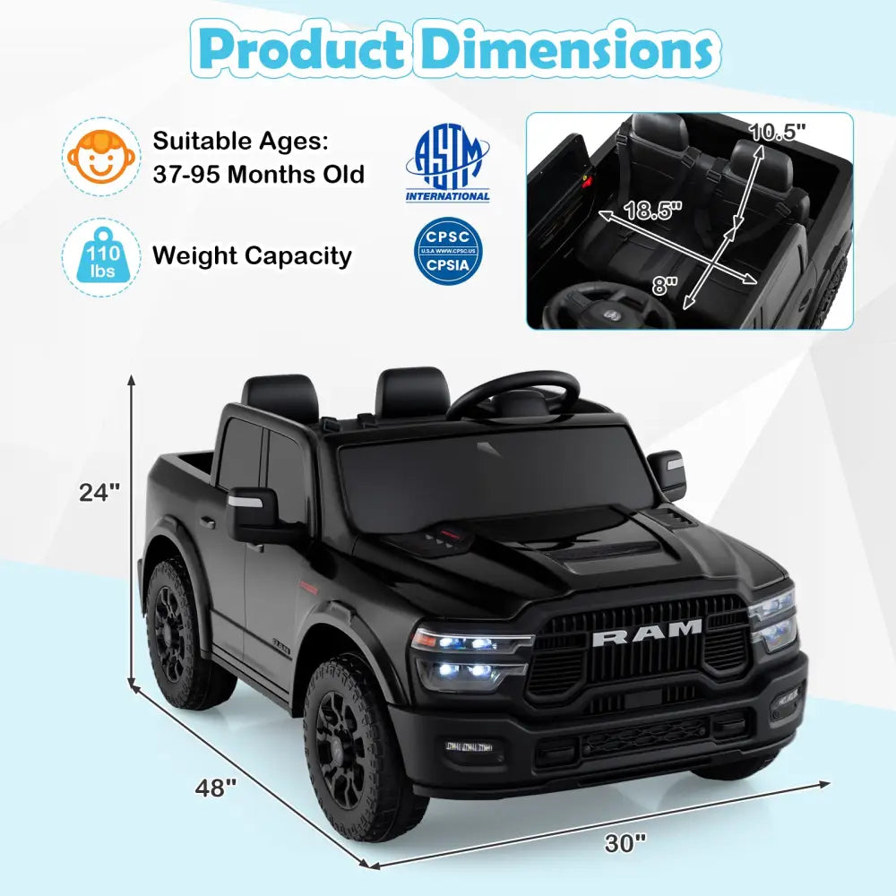 2 Seater 24V Ride on Toy for Big Kids Licensed Ram Truck with Remote and Music-Black - Black - Powered Ride On Toys