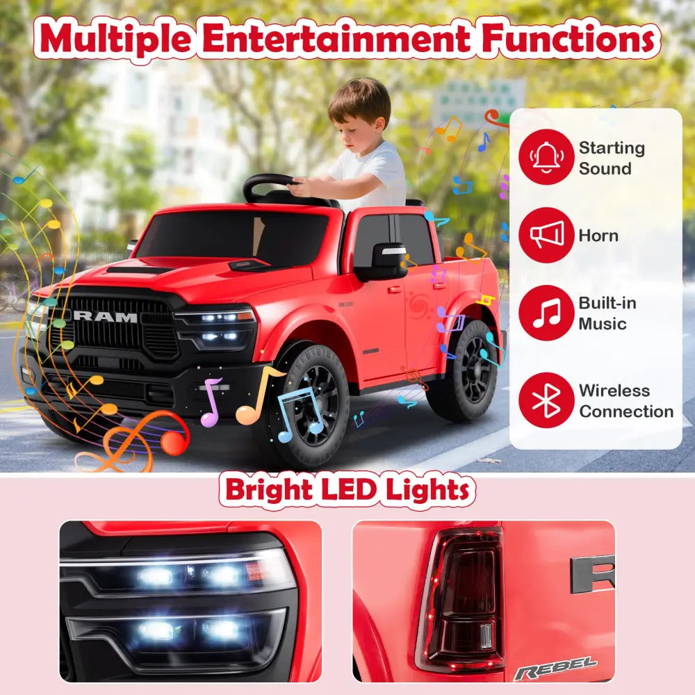 2 Seater 24V Ride on Toy for Big Kids Licensed Ram Truck with Remote and Music-Red - Red - Powered Ride On Toys