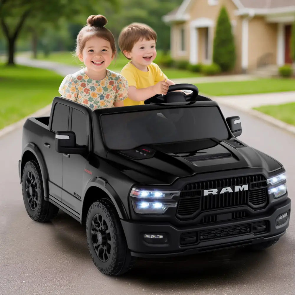 2 Seater 24V Ride on Toy for Big Kids Licensed Ram Truck with Remote and Music-Black - Black - Powered Ride On Toys