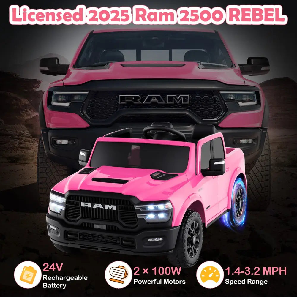 2 Seater 24V Ride on Toy for Big Kids Licensed Ram Truck with Remote and Music-Pink - Pink - Powered Ride On Toys
