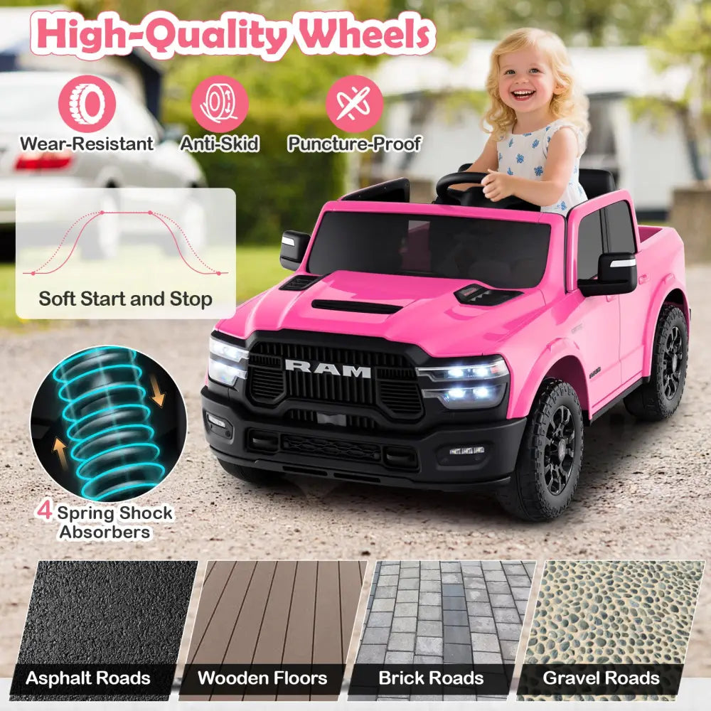 2 Seater 24V Ride on Toy for Big Kids Licensed Ram Truck with Remote and Music-Pink - Pink - Powered Ride On Toys