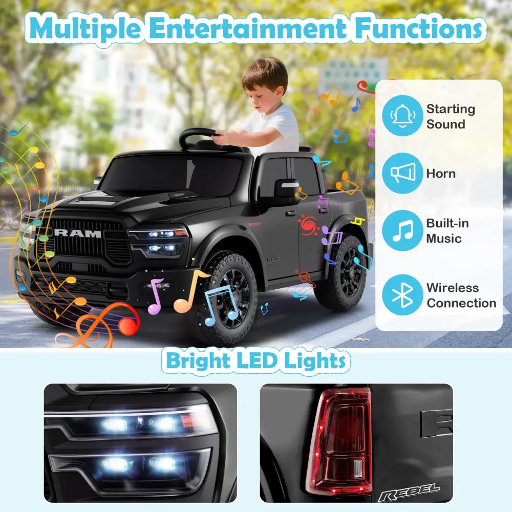 2 Seater 24V Ride on Toy for Big Kids Licensed Ram Truck with Remote and Music-Black - Black - Powered Ride On Toys