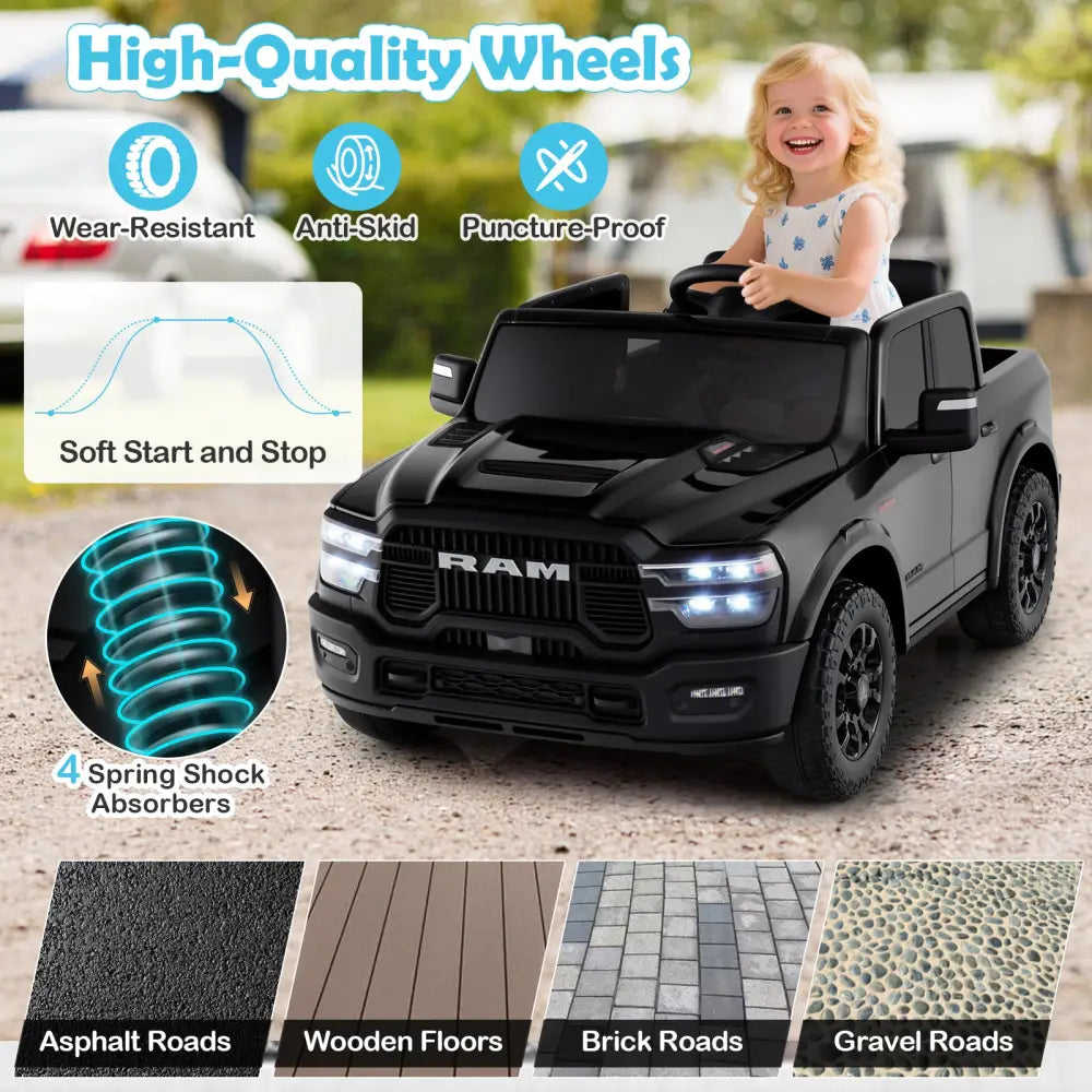 2 Seater 24V Ride on Toy for Big Kids Licensed Ram Truck with Remote and Music-Black - Black - Powered Ride On Toys