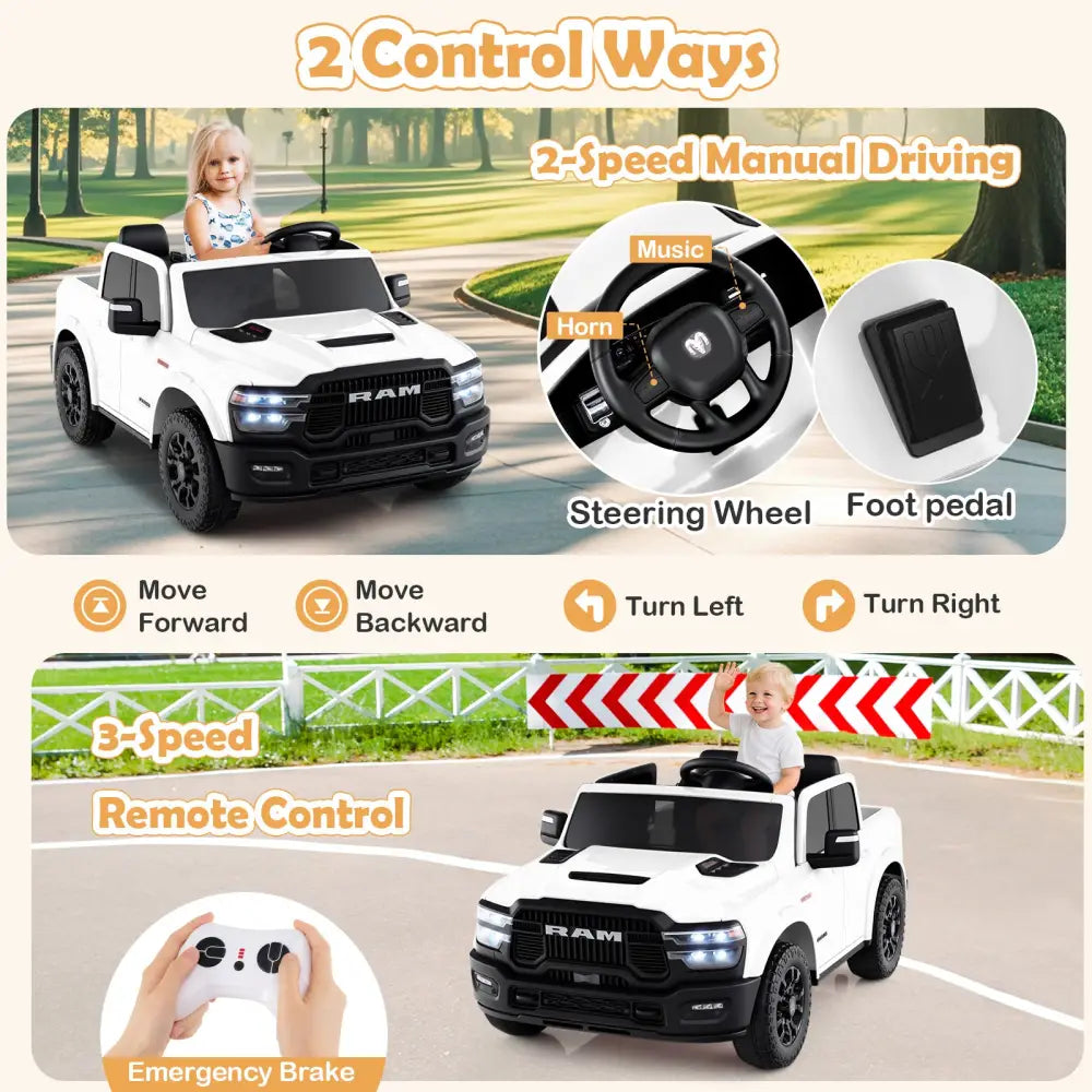 2 Seater 24V Ride on Toy for Big Kids Licensed Ram Truck with Remote and Music-White - White - Powered Ride On Toys