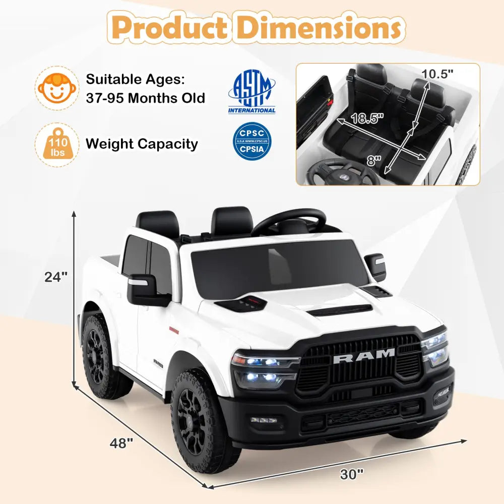 2 Seater 24V Ride on Toy for Big Kids Licensed Ram Truck with Remote and Music-White - White - Powered Ride On Toys