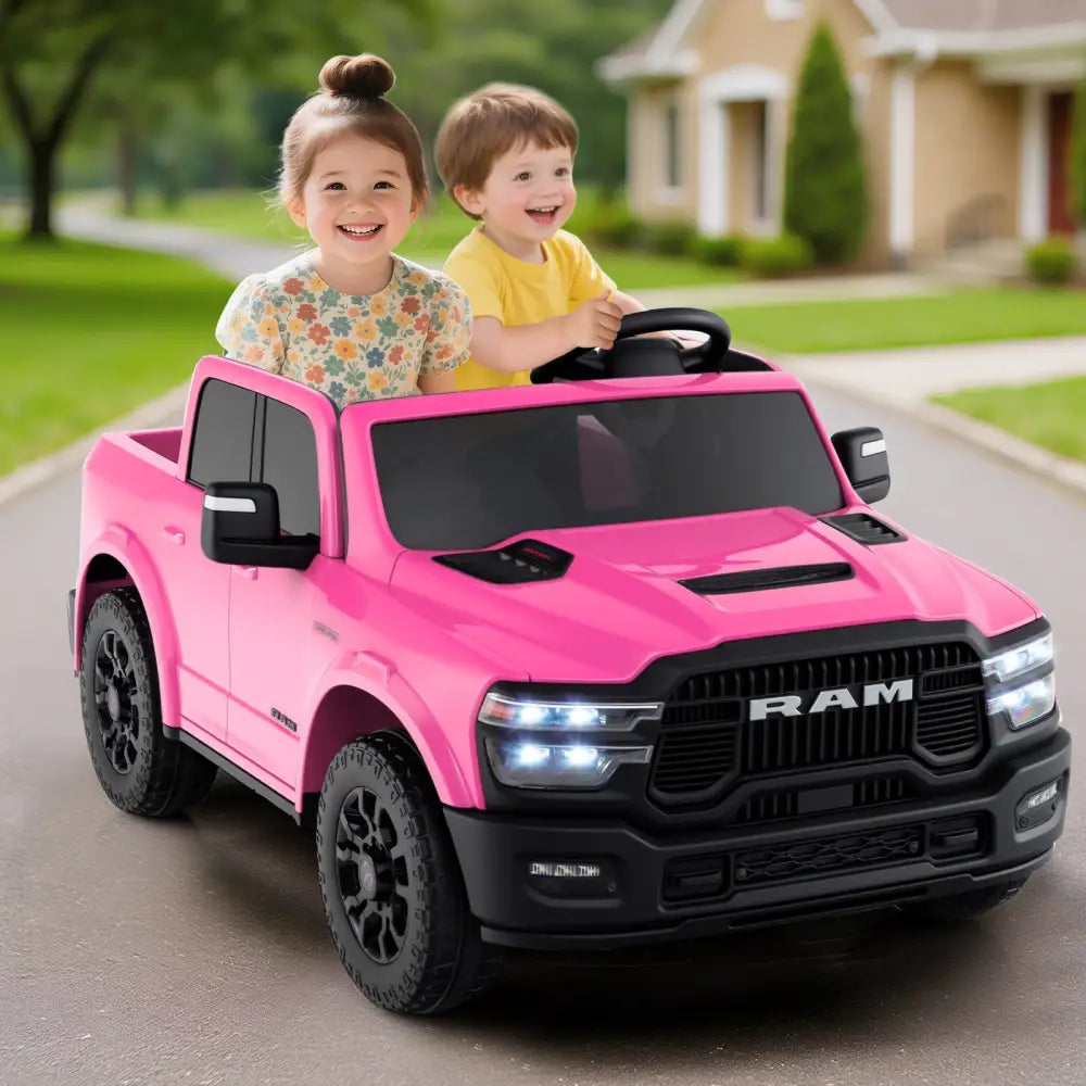 2 Seater 24V Ride on Toy for Big Kids Licensed Ram Truck with Remote and Music-Pink - Pink - Powered Ride On Toys