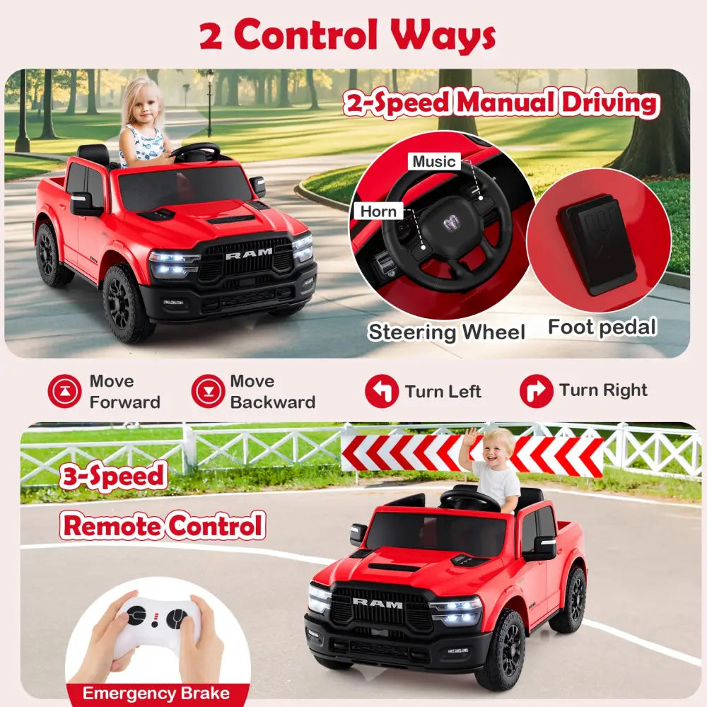 2 Seater 24V Ride on Toy for Big Kids Licensed Ram Truck with Remote and Music-Red - Red - Powered Ride On Toys
