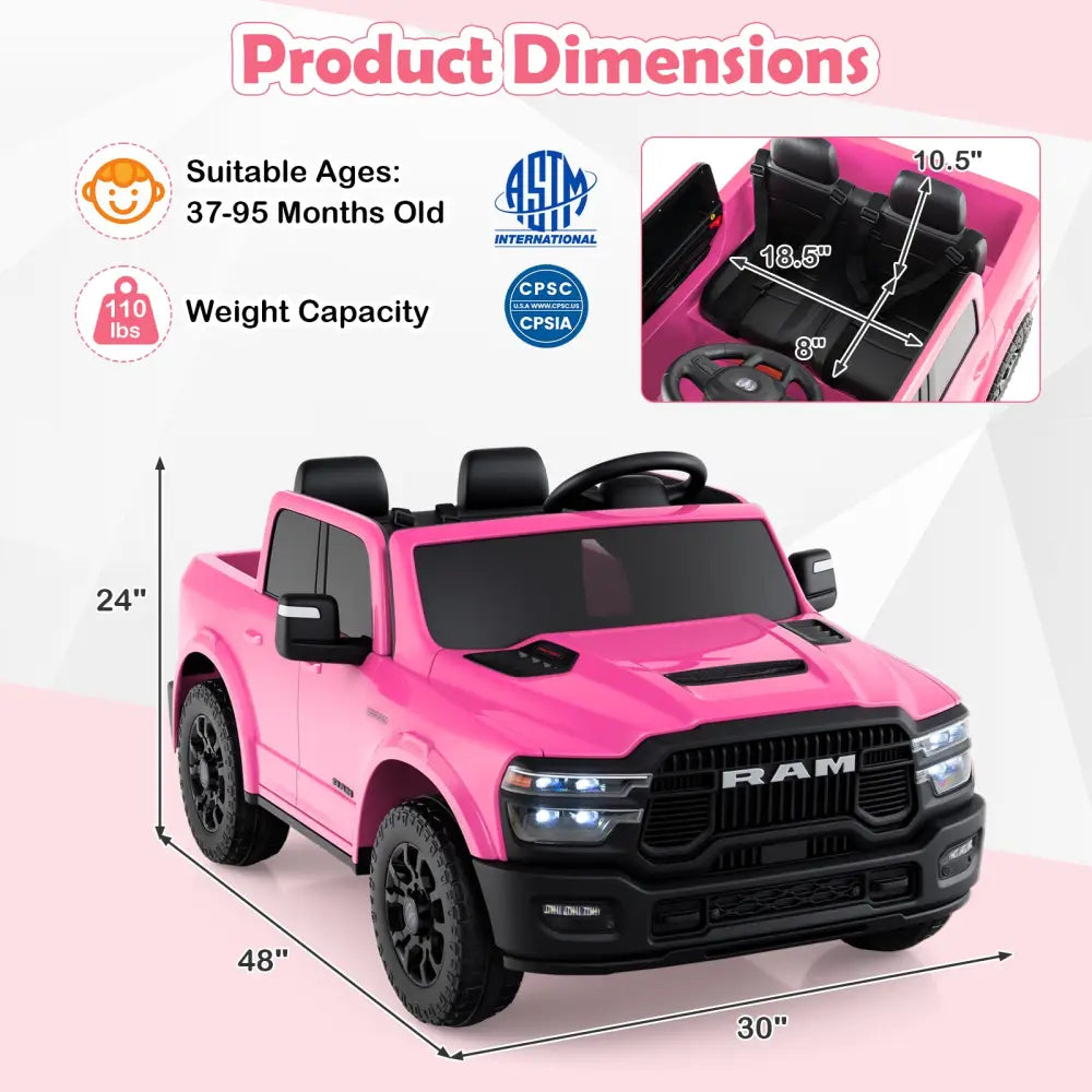2 Seater 24V Ride on Toy for Big Kids Licensed Ram Truck with Remote and Music-Pink - Pink - Powered Ride On Toys