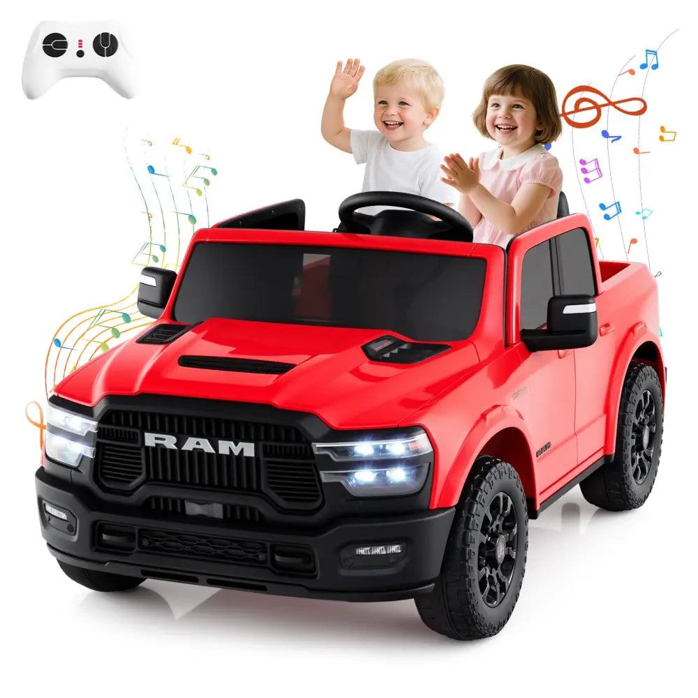2 Seater 24V Ride on Toy for Big Kids Licensed Ram Truck with Remote and Music-Red - Red - Powered Ride On Toys