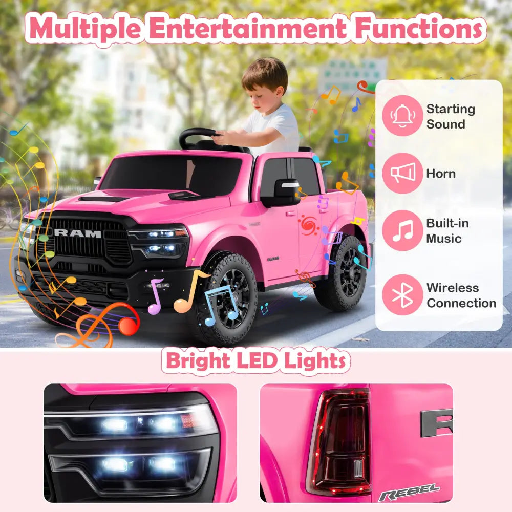 2 Seater 24V Ride on Toy for Big Kids Licensed Ram Truck with Remote and Music-Pink - Pink - Powered Ride On Toys