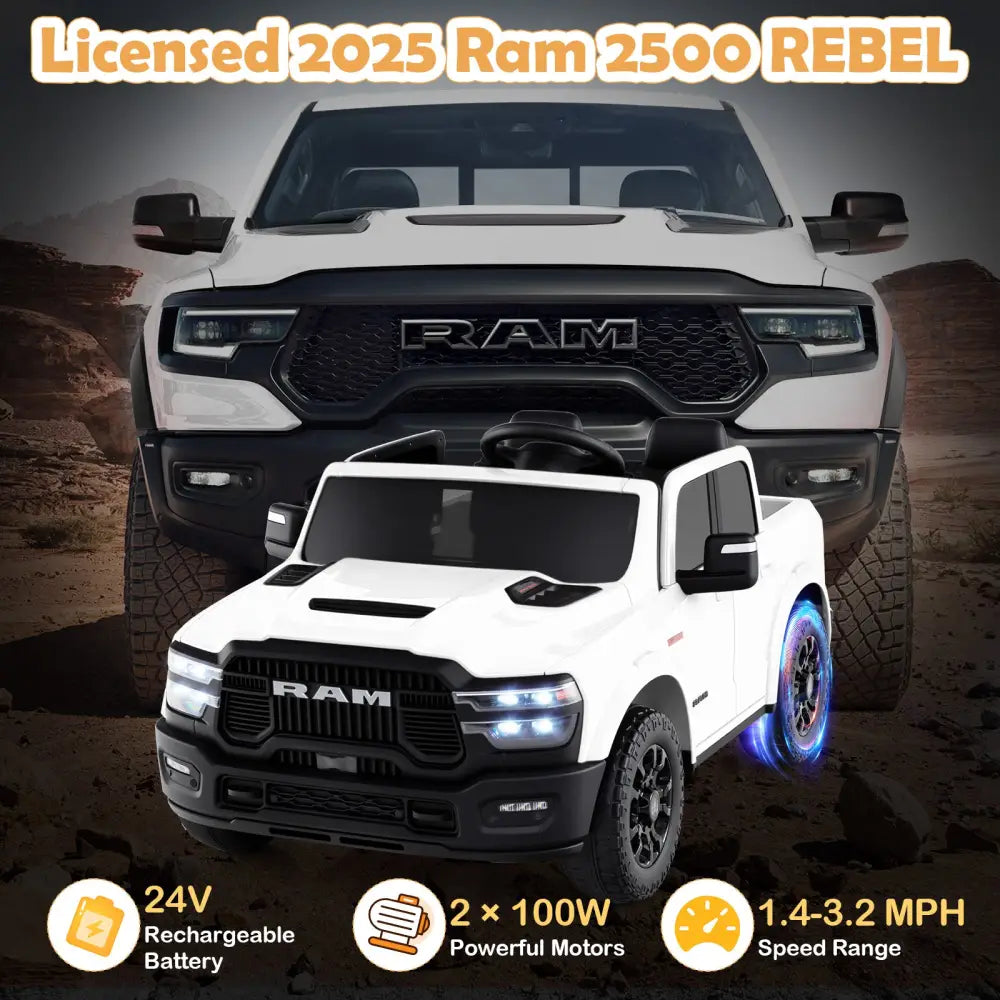 2 Seater 24V Ride on Toy for Big Kids Licensed Ram Truck with Remote and Music-White - White - Powered Ride On Toys