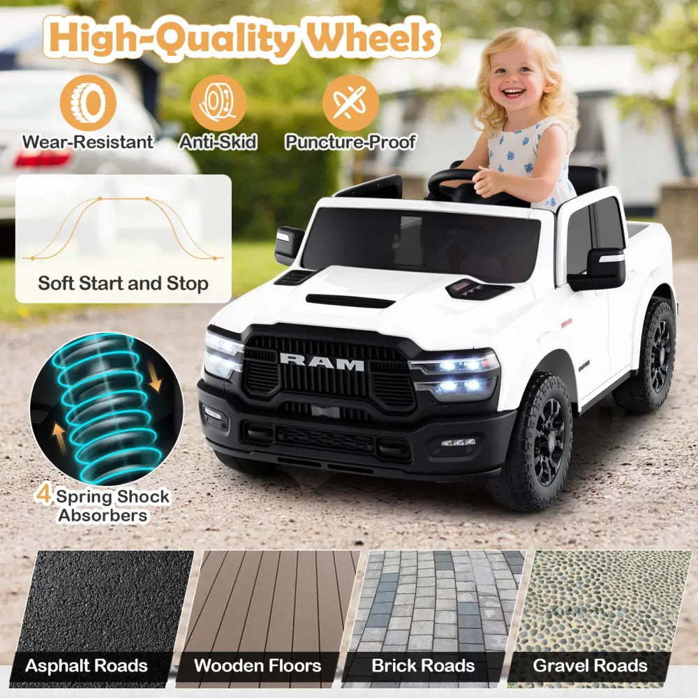 2 Seater 24V Ride on Toy for Big Kids Licensed Ram Truck with Remote and Music-White - White - Powered Ride On Toys