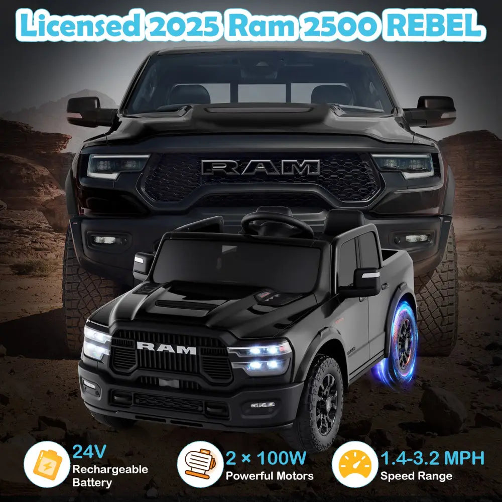 2 Seater 24V Ride on Toy for Big Kids Licensed Ram Truck with Remote and Music-Black - Black - Powered Ride On Toys