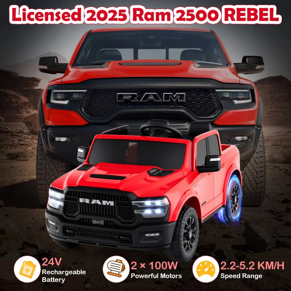 2 Seater 24V Ride on Toy for Big Kids Licensed Ram Truck with Remote and Music-Red - Red - Powered Ride On Toys