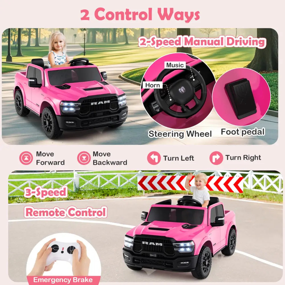 2 Seater 24V Ride on Toy for Big Kids Licensed Ram Truck with Remote and Music-Pink - Pink - Powered Ride On Toys