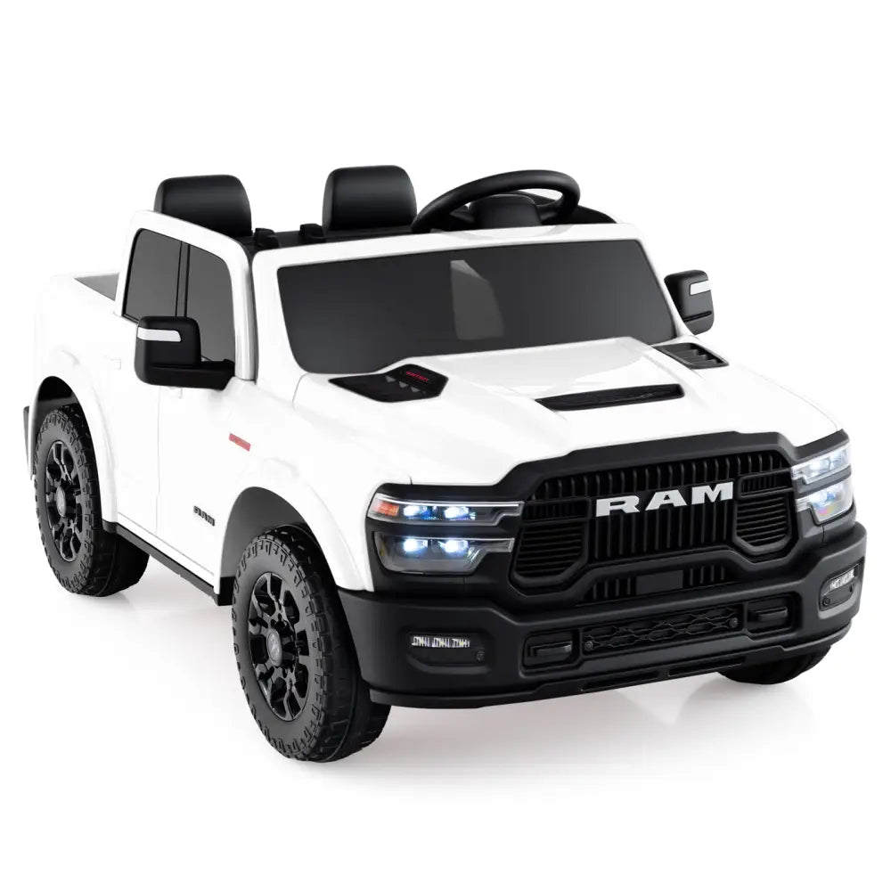 2 Seater 24V Ride on Toy for Big Kids Licensed Ram Truck with Remote and Music-White - White - Powered Ride On Toys
