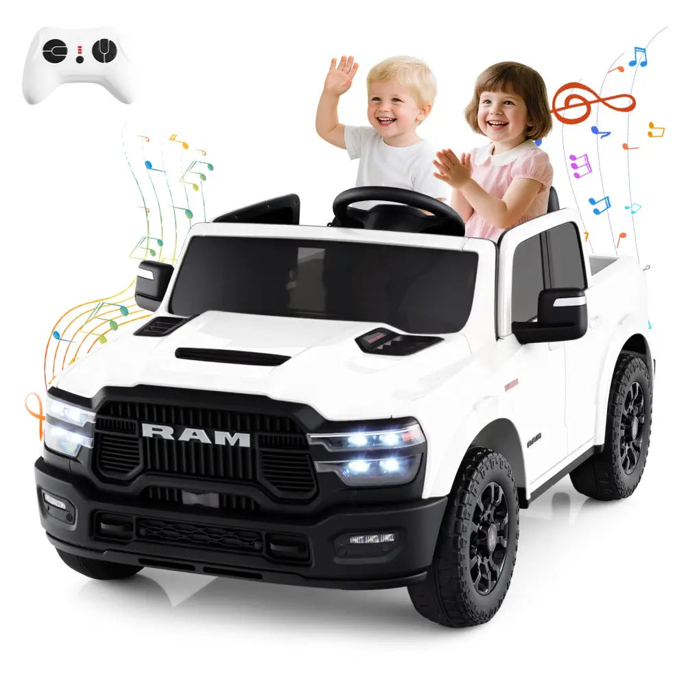 2 Seater 24V Ride on Toy for Big Kids Licensed Ram Truck with Remote and Music-White - White - Powered Ride On Toys