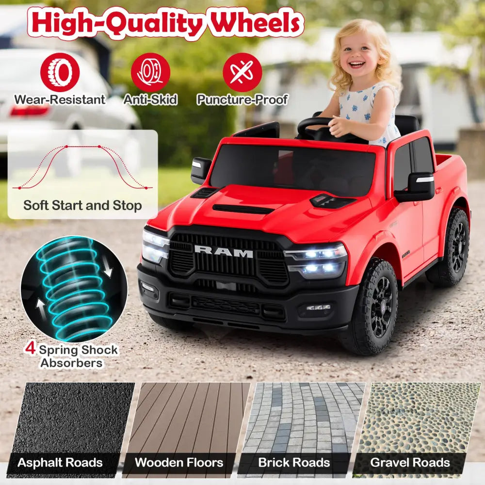 2 Seater 24V Ride on Toy for Big Kids Licensed Ram Truck with Remote and Music-Red - Red - Powered Ride On Toys