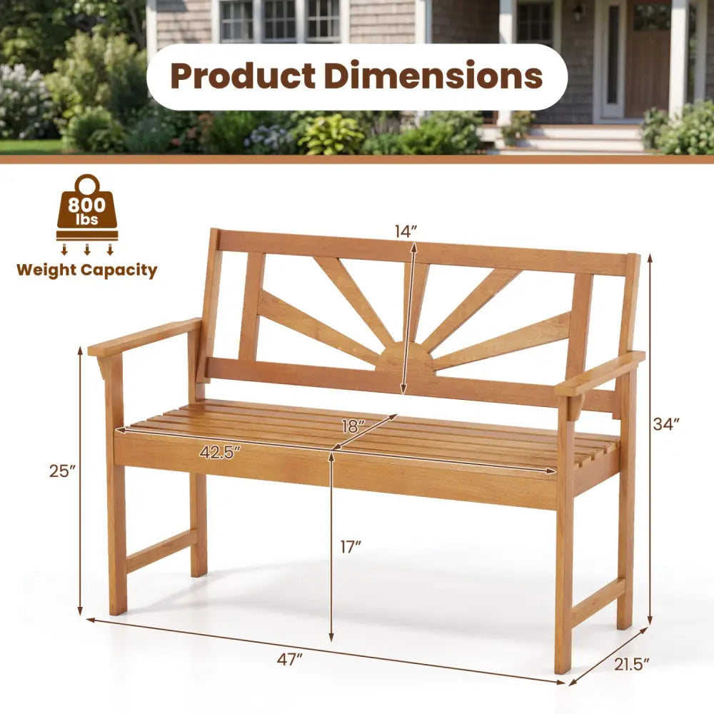 2-Seater Acacia Wood Loveseat Bench with Backrest and Armrests for Patio - Outdoor Benches