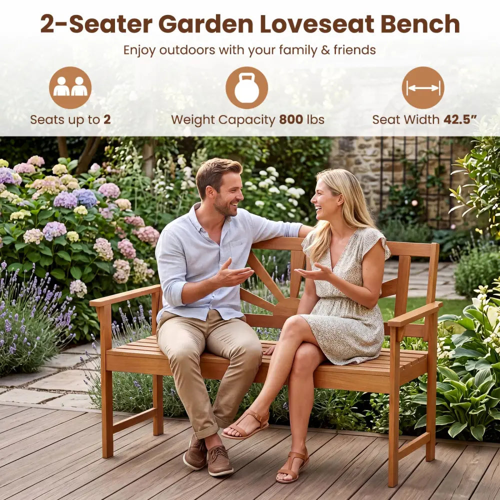 2-Seater Acacia Wood Loveseat Bench with Backrest and Armrests for Patio - Outdoor Benches