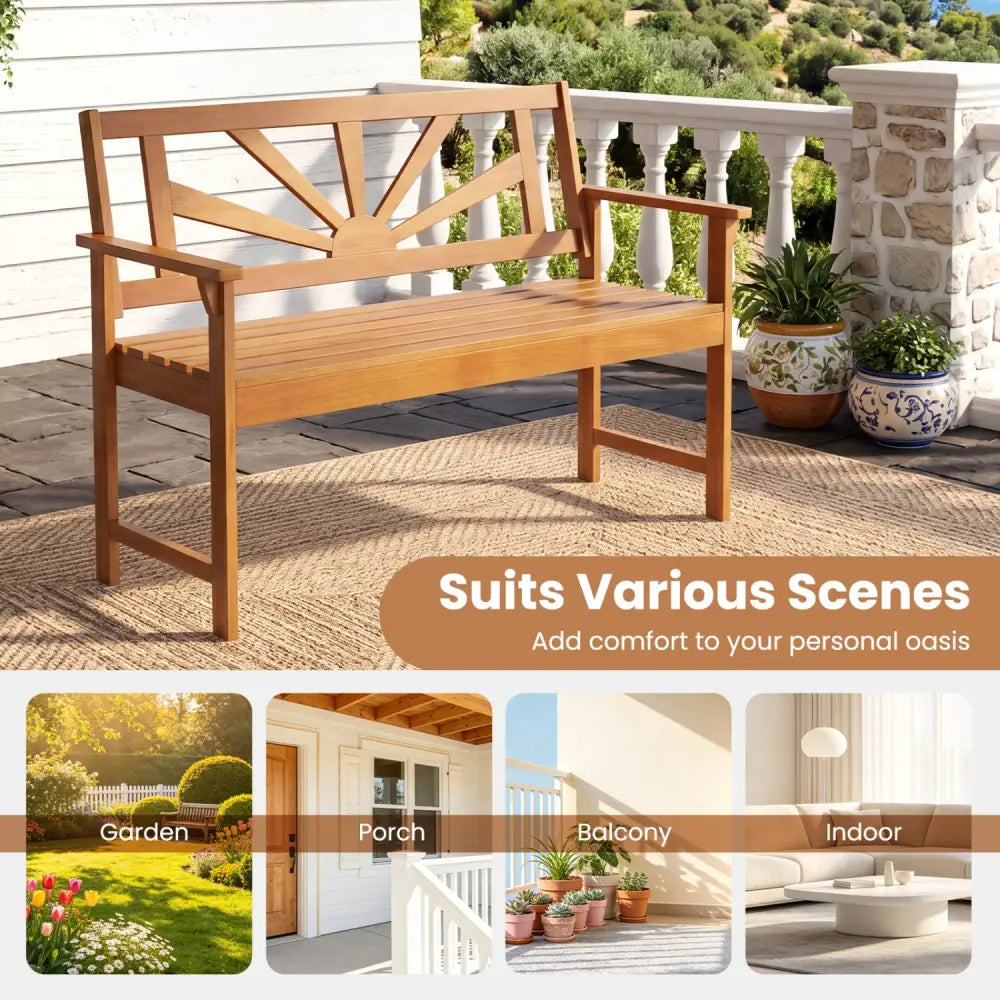 2-Seater Acacia Wood Loveseat Bench with Backrest and Armrests for Patio - Outdoor Benches