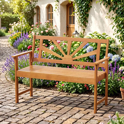 2-Seater Acacia Wood Loveseat Bench with Backrest and Armrests for Patio - Outdoor Benches
