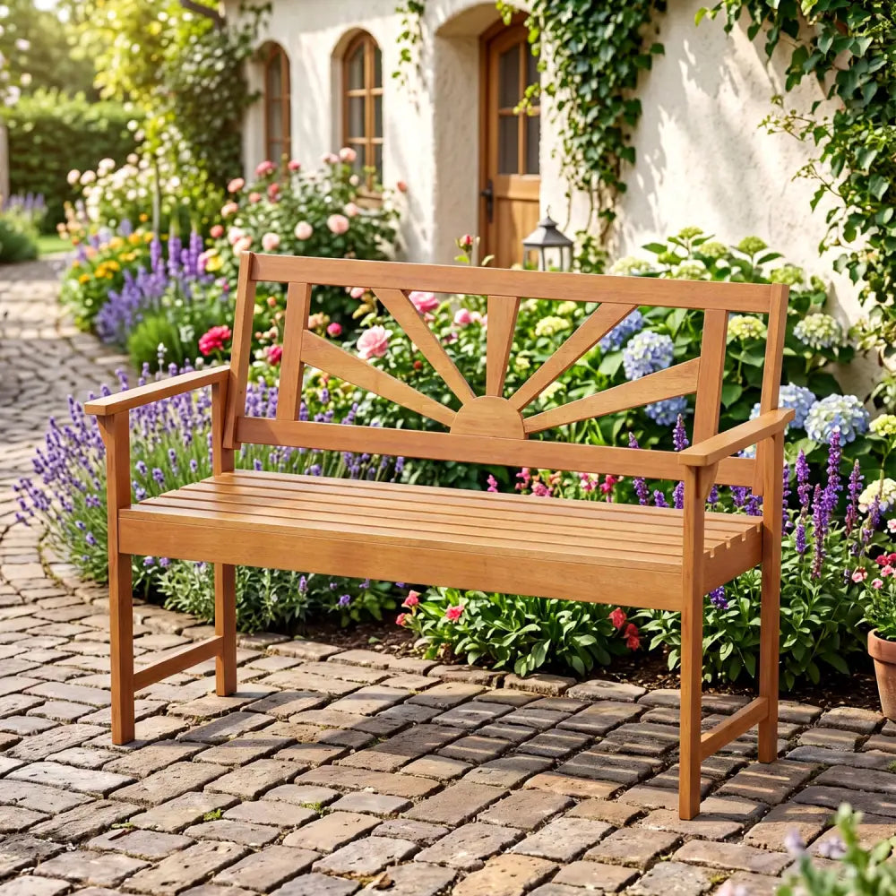 2-Seater Acacia Wood Loveseat Bench with Backrest and Armrests for Patio - Outdoor Benches