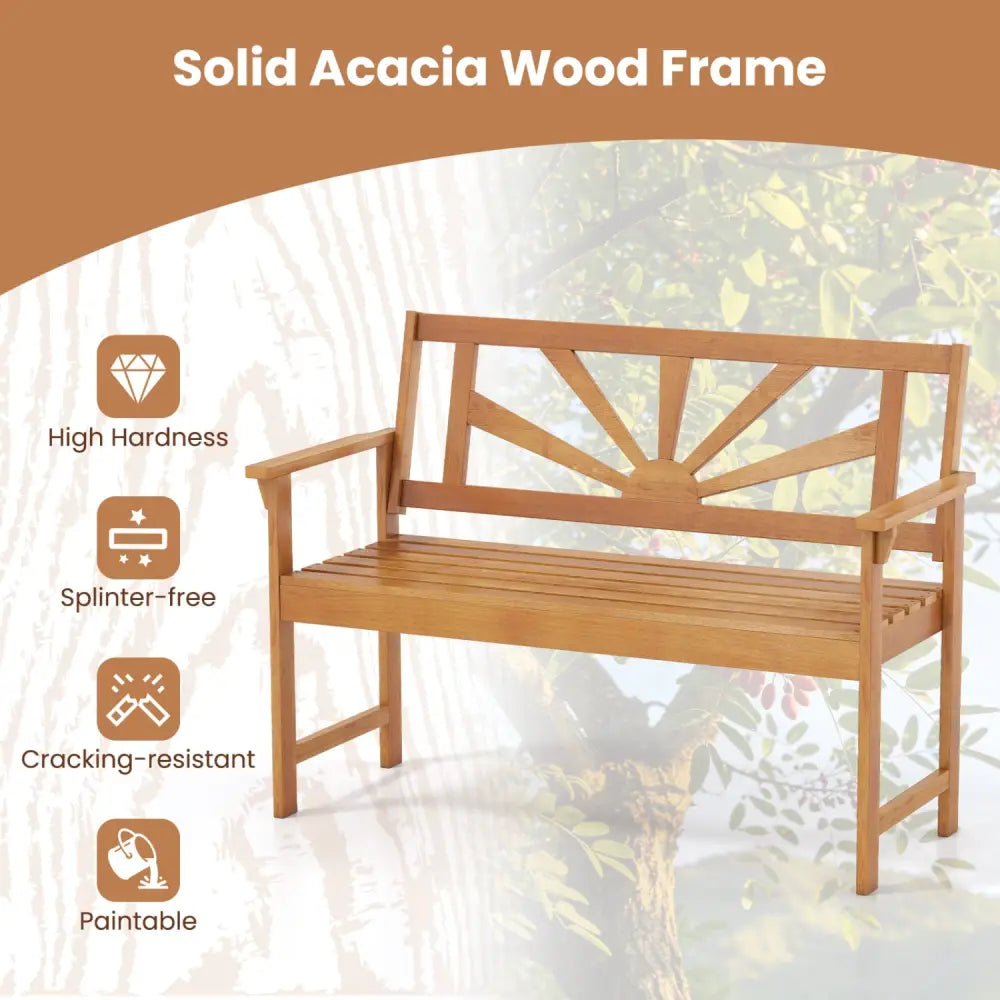 2-Seater Acacia Wood Loveseat Bench with Backrest and Armrests for Patio - Outdoor Benches