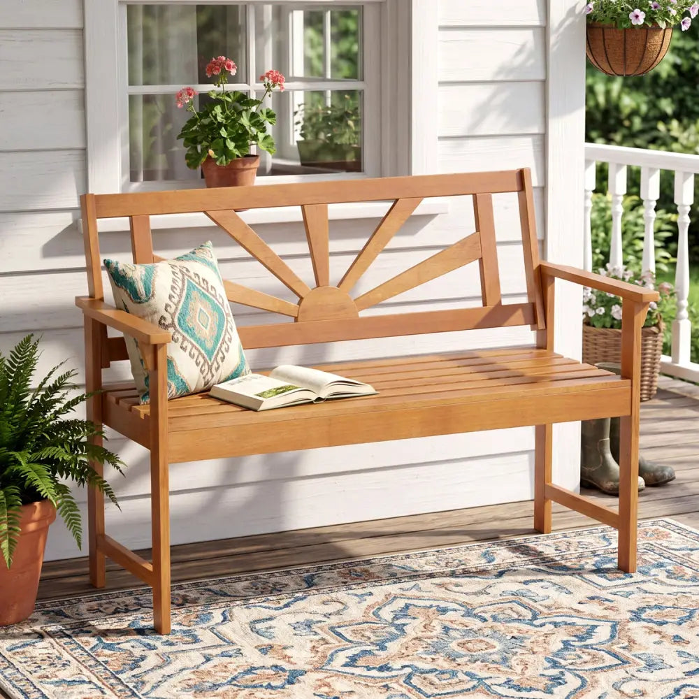 2-Seater Acacia Wood Loveseat Bench with Backrest and Armrests for Patio - Outdoor Benches