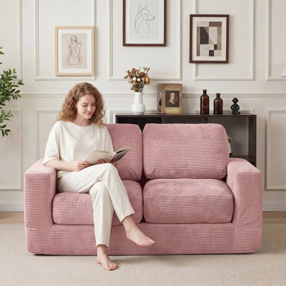 2-Seater Floor Couch Loveseat Foam Sofa with Removable Corduroy Cover-Pink - Pink - Sofas & Loveseats