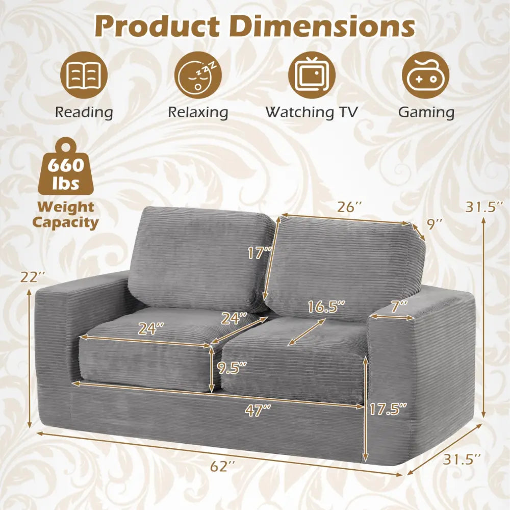 2-Seater Floor Couch Loveseat Foam Sofa with Removable Corduroy Cover-Gray - Gray - Sofas & Loveseats