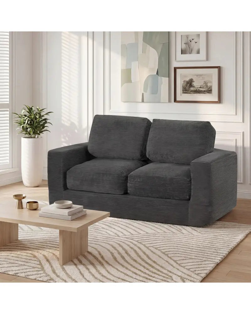 2-Seater Floor Couch Loveseat Foam Sofa with Removable Corduroy Cover-Black - Black - Sofas & Loveseats