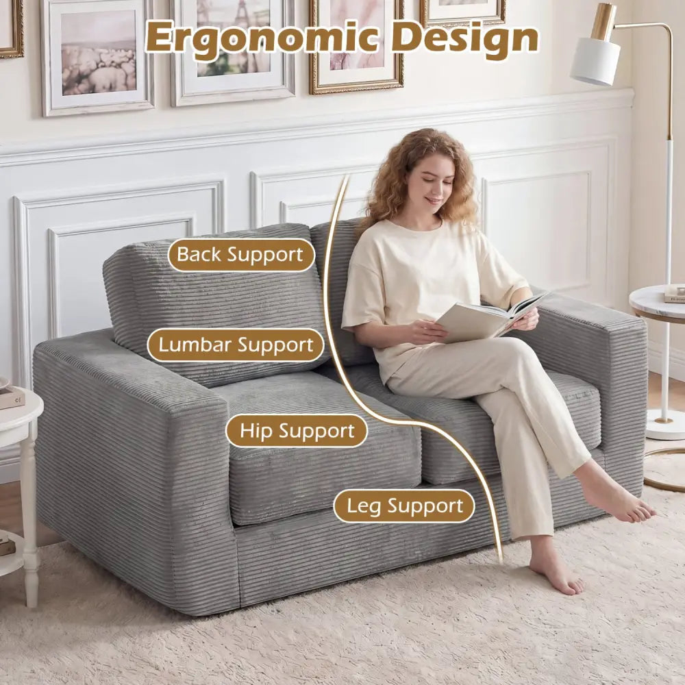 2-Seater Floor Couch Loveseat Foam Sofa with Removable Corduroy Cover-Gray - Gray - Sofas & Loveseats