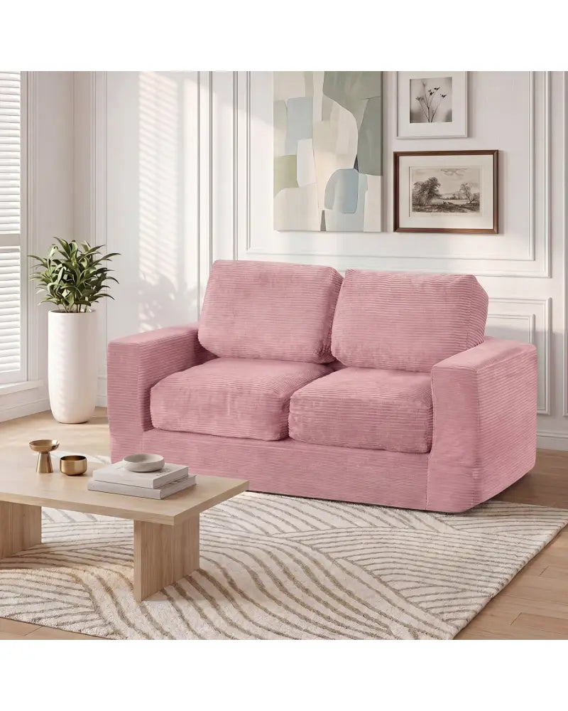 2-Seater Floor Couch Loveseat Foam Sofa with Removable Corduroy Cover-Pink - Pink - Sofas & Loveseats