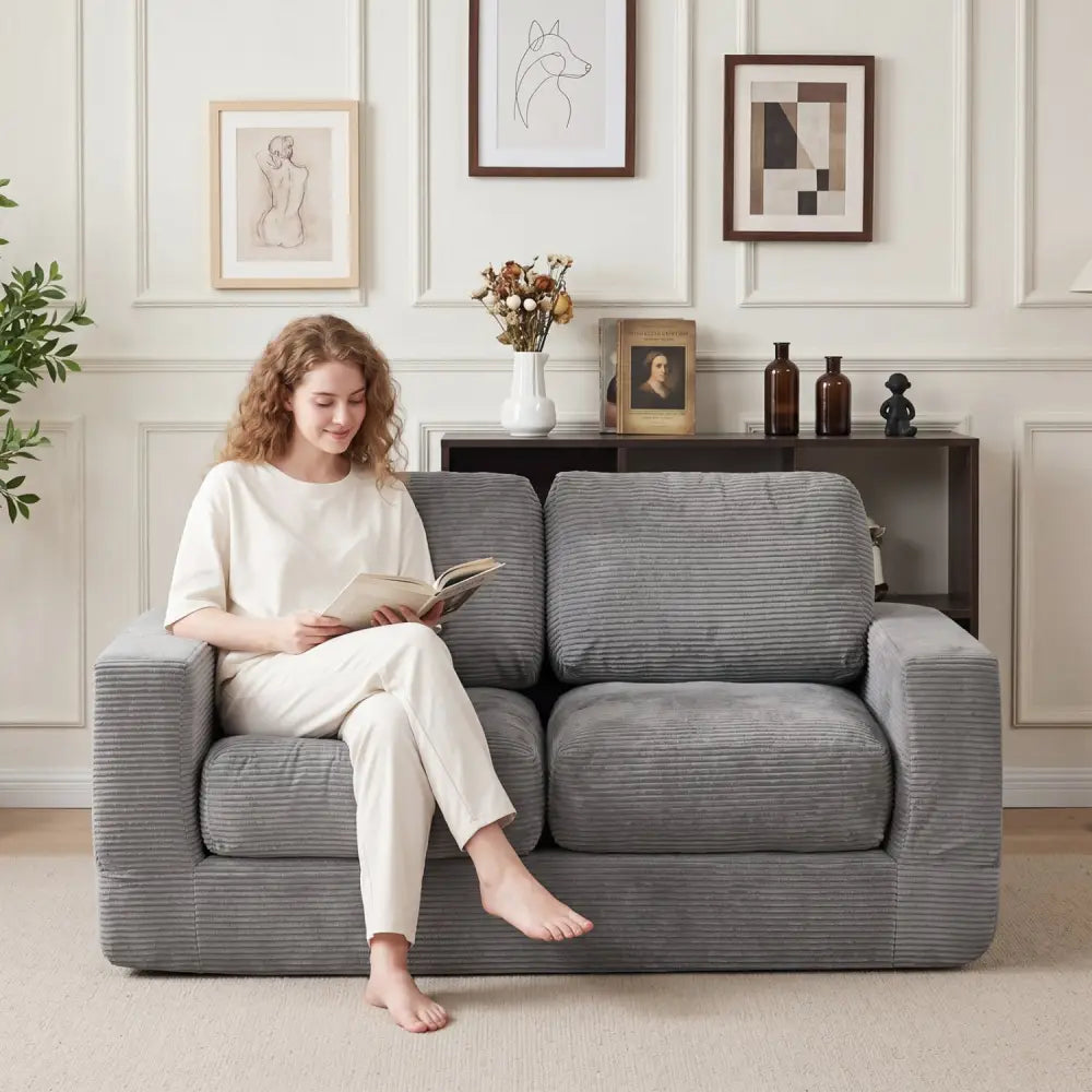 2-Seater Floor Couch Loveseat Foam Sofa with Removable Corduroy Cover-Gray - Gray - Sofas & Loveseats