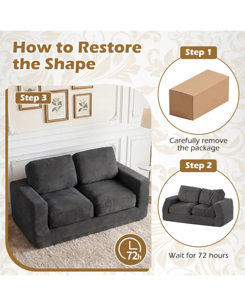 2-Seater Floor Couch Loveseat Foam Sofa with Removable Corduroy Cover-Black - Black - Sofas & Loveseats