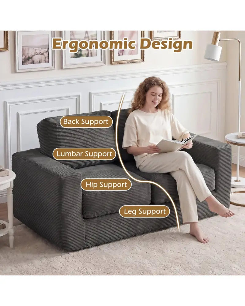 2-Seater Floor Couch Loveseat Foam Sofa with Removable Corduroy Cover-Black - Black - Sofas & Loveseats