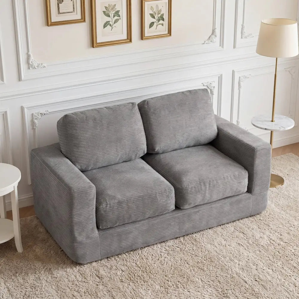 2-Seater Floor Couch Loveseat Foam Sofa with Removable Corduroy Cover-Gray - Gray - Sofas & Loveseats