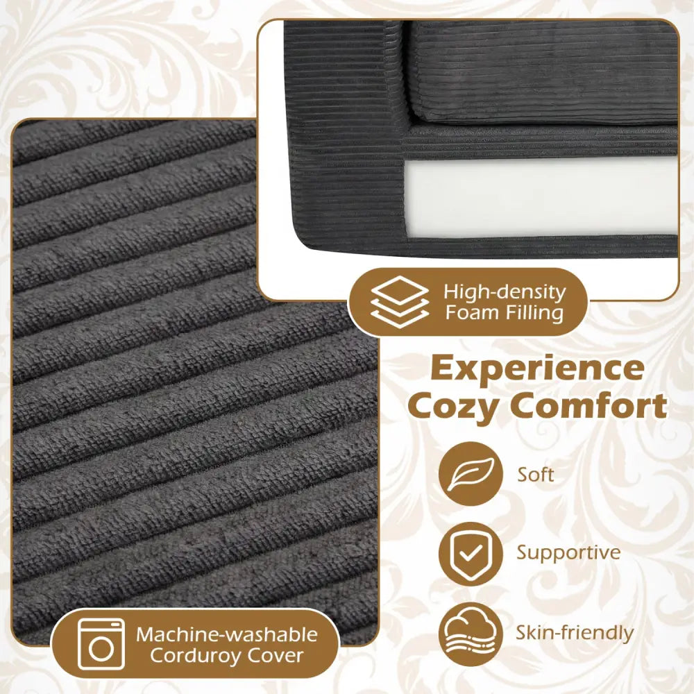 2-Seater Floor Couch Loveseat Foam Sofa with Removable Corduroy Cover-Black - Black - Sofas & Loveseats