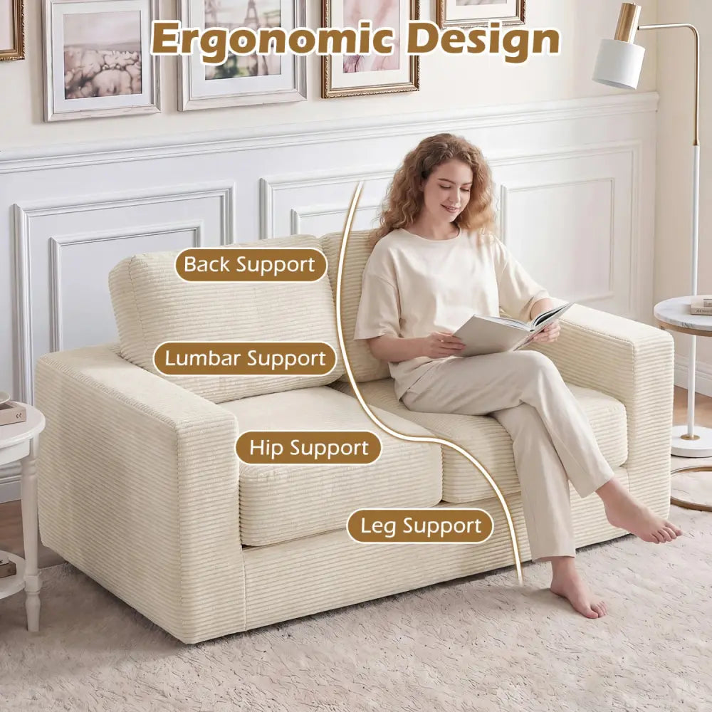 2-Seater Floor Couch Loveseat Foam Sofa with Removable Corduroy Cover-Beige - Beige - Sofas & Loveseats