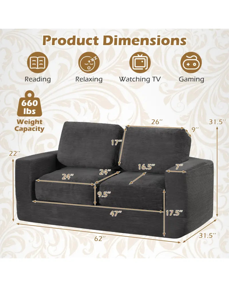 2-Seater Floor Couch Loveseat Foam Sofa with Removable Corduroy Cover-Black - Black - Sofas & Loveseats