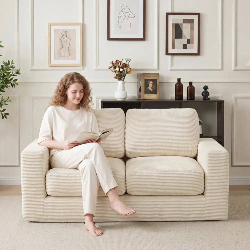 2-Seater Floor Couch Loveseat Foam Sofa with Removable Corduroy Cover-Beige - Beige - Sofas & Loveseats