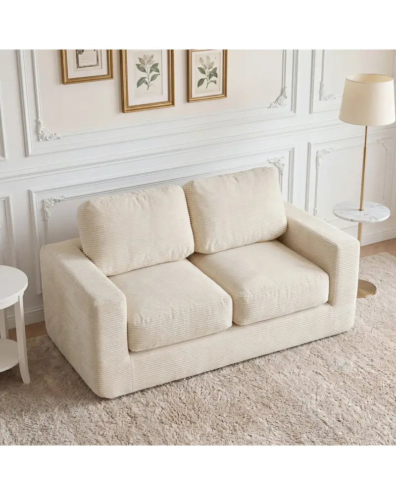 2-Seater Floor Couch Loveseat Foam Sofa with Removable Corduroy Cover-Beige - Beige - Sofas & Loveseats