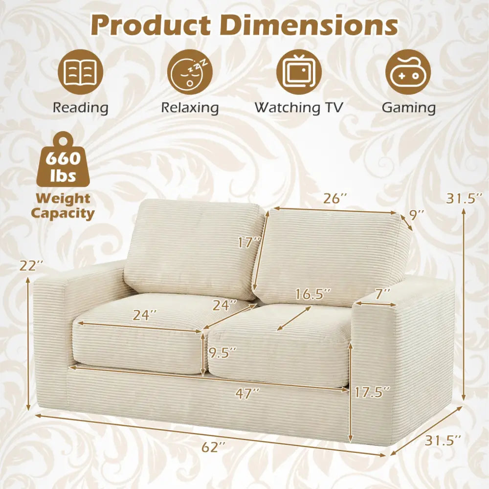 2-Seater Floor Couch Loveseat Foam Sofa with Removable Corduroy Cover-Beige - Beige - Sofas & Loveseats