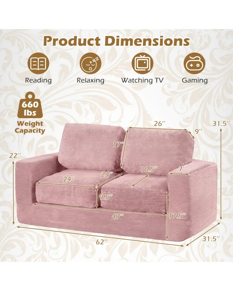2-Seater Floor Couch Loveseat Foam Sofa with Removable Corduroy Cover-Pink - Pink - Sofas & Loveseats