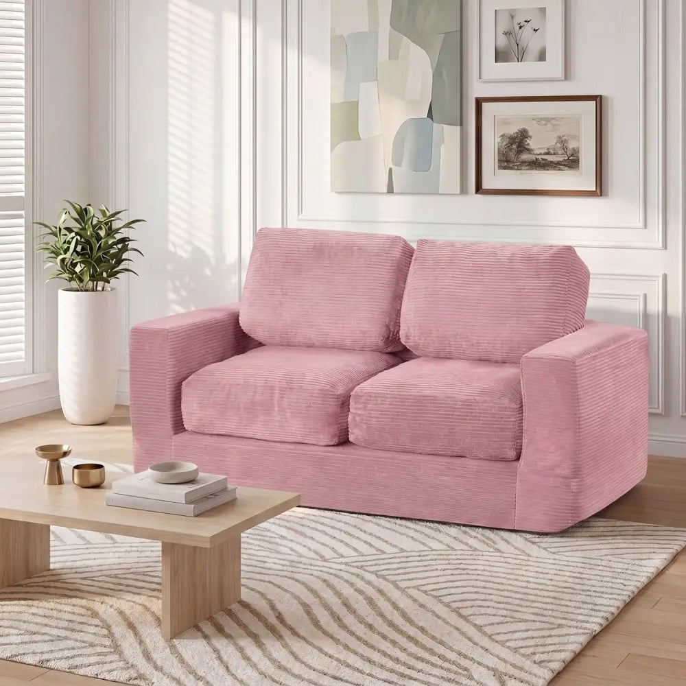 2-Seater Floor Couch Loveseat Foam Sofa with Removable Corduroy Cover-Pink - Pink - Sofas & Loveseats